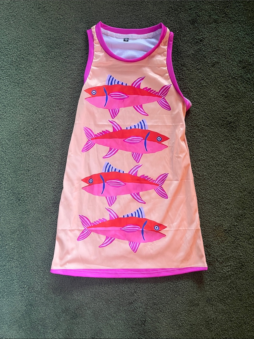 Sleeveless Fish Print Tank Dress - Peach & Hot Pink